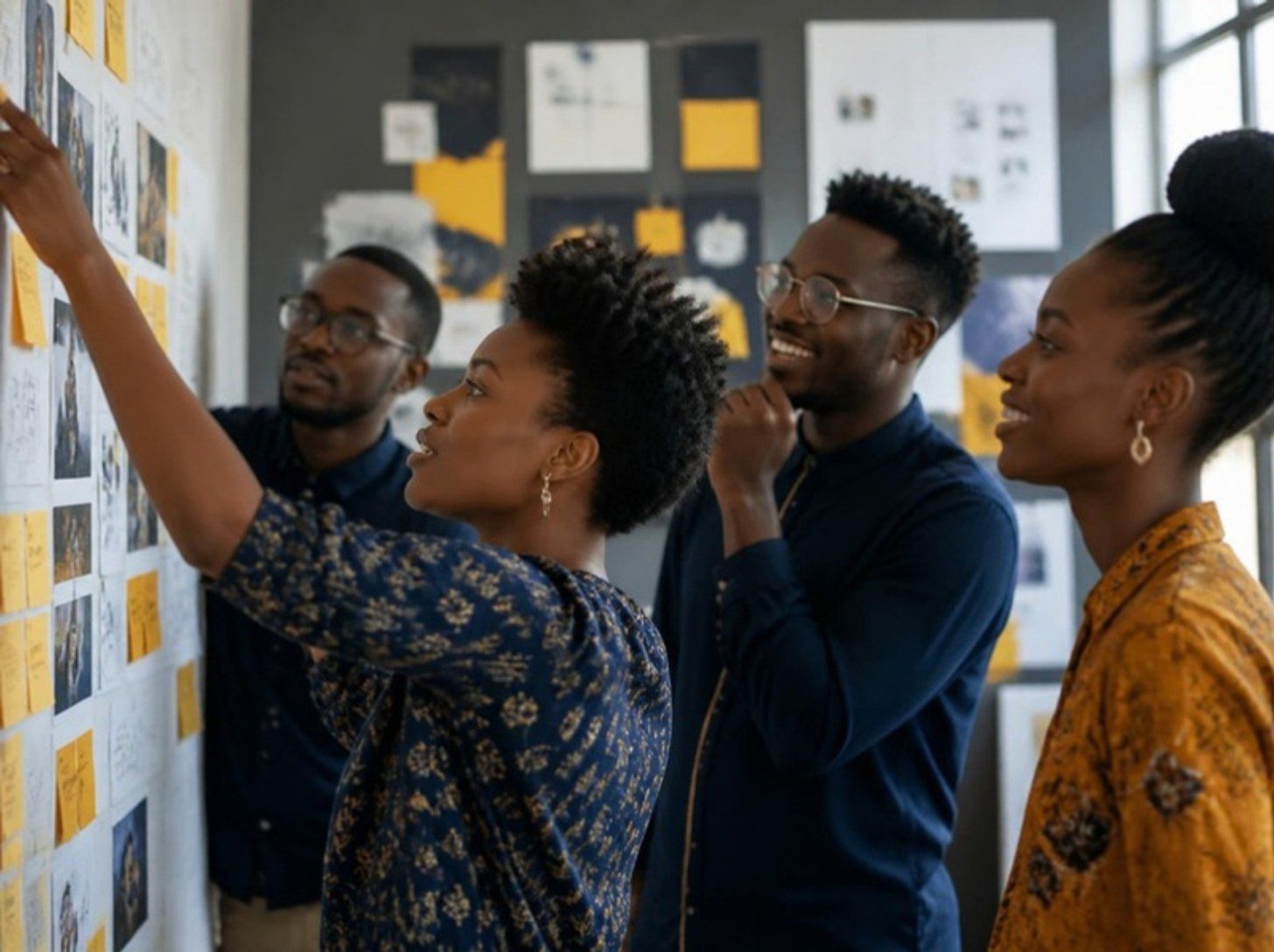 Bashee Co strategists brainstorming in front of a storyboard wall